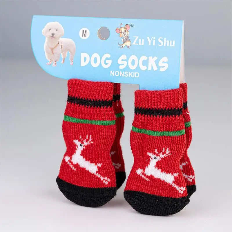 4Pcs/set Christmas Deer Snowman Pet Knitted Socks Winter Warm Indoor Wear Slip On Paw Protector Small Dogs Cat Socks Shoes
