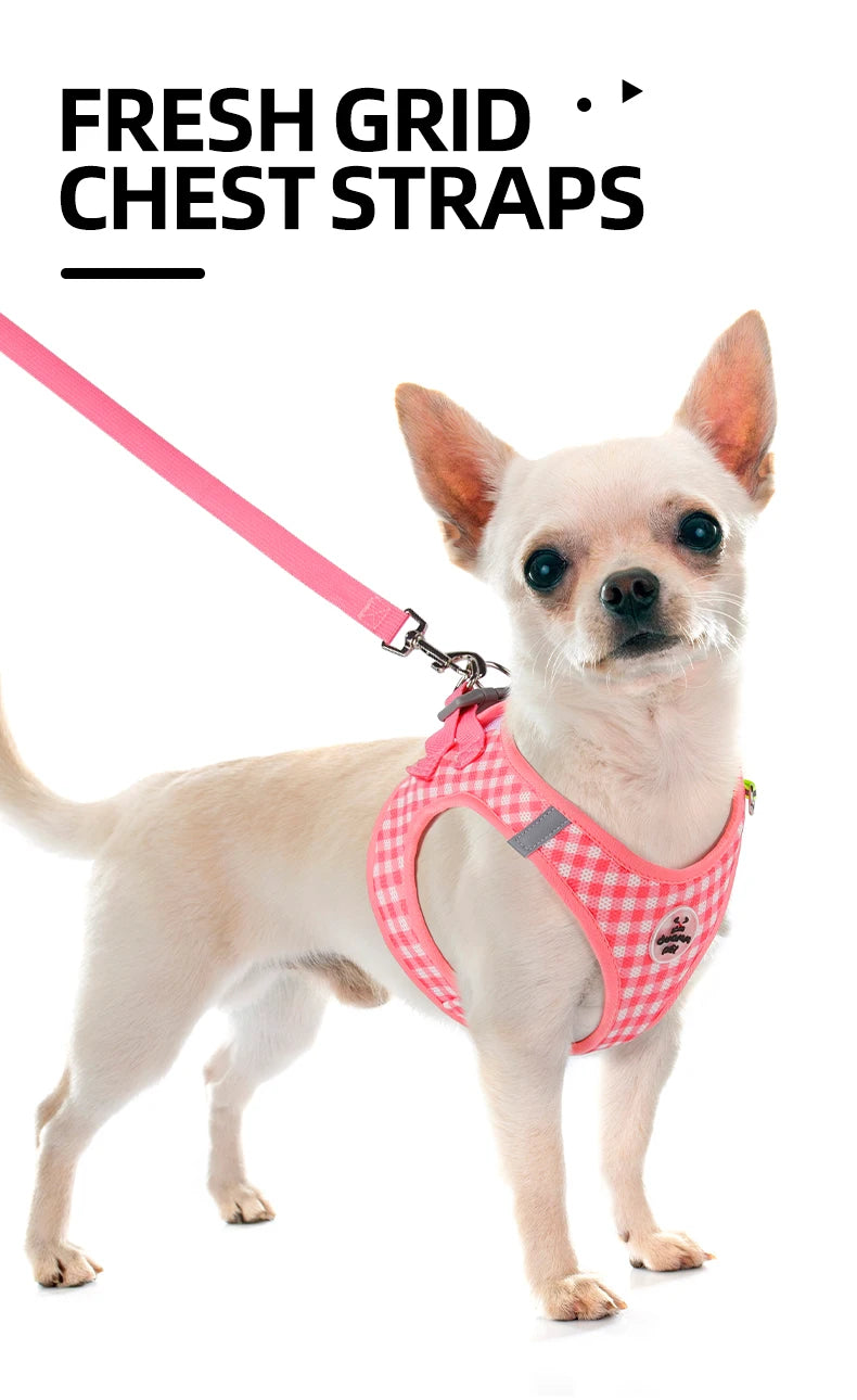 Checked Harness Small Medium-Sized Dog Cat Reflective Breathable Dog Lead Teddy Step In Bichon Pet Walking Harness Leash Rope