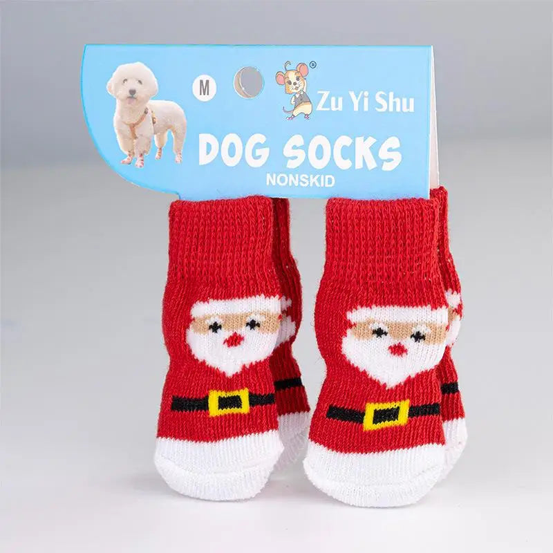4Pcs/set Christmas Deer Snowman Pet Knitted Socks Winter Warm Indoor Wear Slip On Paw Protector Small Dogs Cat Socks Shoes