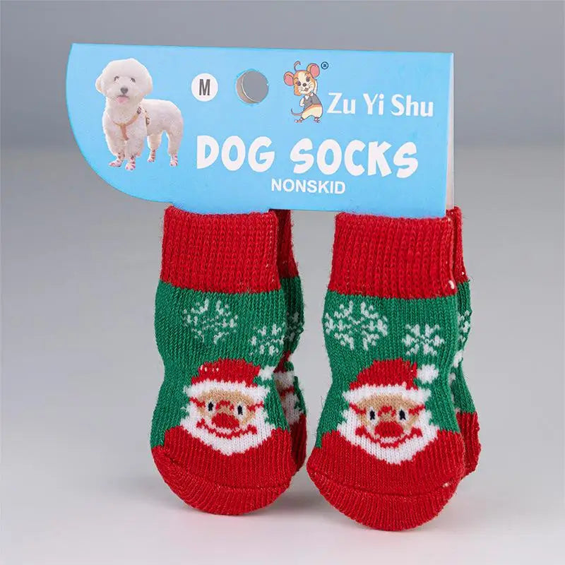 4Pcs/set Christmas Deer Snowman Pet Knitted Socks Winter Warm Indoor Wear Slip On Paw Protector Small Dogs Cat Socks Shoes