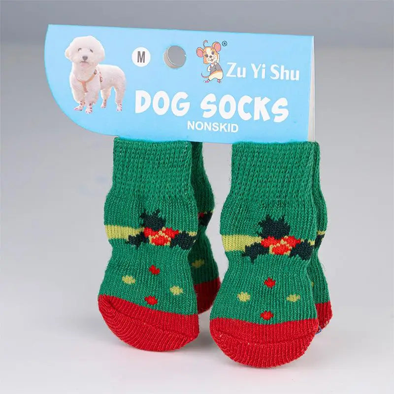 4Pcs/set Christmas Deer Snowman Pet Knitted Socks Winter Warm Indoor Wear Slip On Paw Protector Small Dogs Cat Socks Shoes