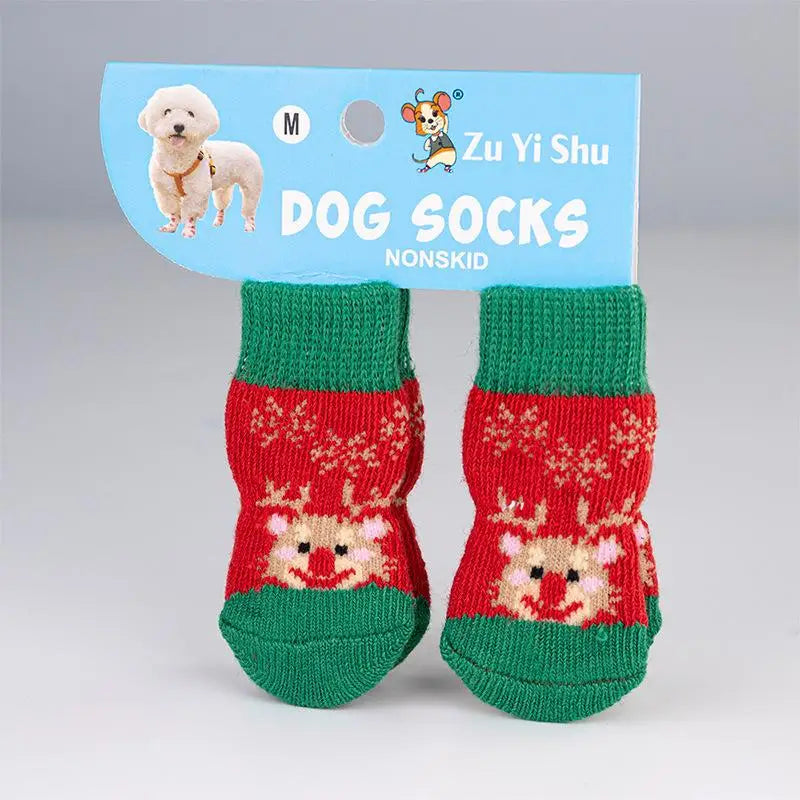 4Pcs/set Christmas Deer Snowman Pet Knitted Socks Winter Warm Indoor Wear Slip On Paw Protector Small Dogs Cat Socks Shoes
