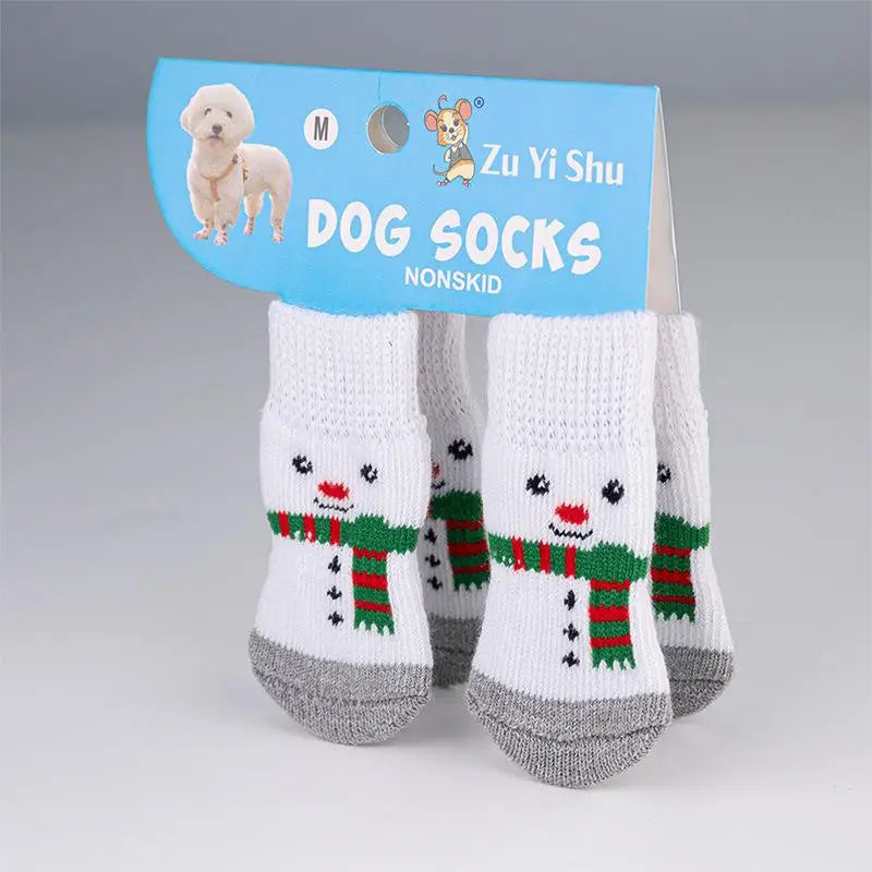 4Pcs/set Christmas Deer Snowman Pet Knitted Socks Winter Warm Indoor Wear Slip On Paw Protector Small Dogs Cat Socks Shoes