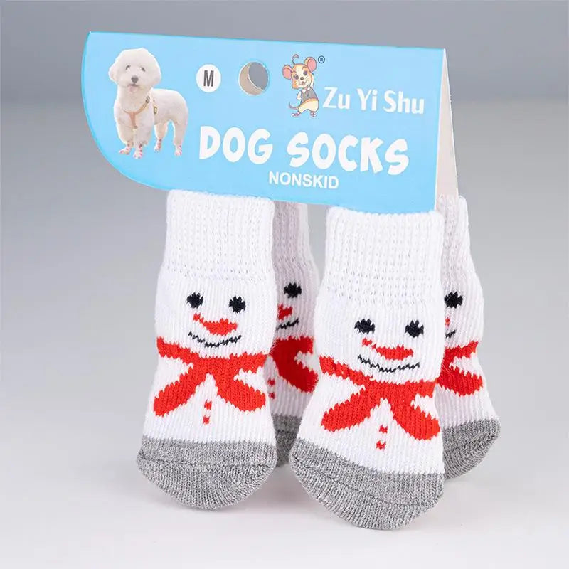 4Pcs/set Christmas Deer Snowman Pet Knitted Socks Winter Warm Indoor Wear Slip On Paw Protector Small Dogs Cat Socks Shoes