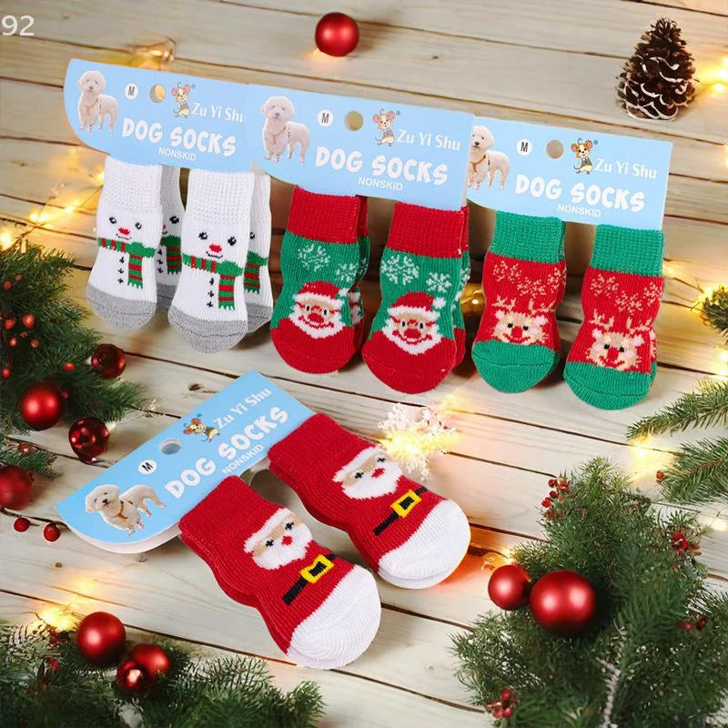 4Pcs/set Christmas Deer Snowman Pet Knitted Socks Winter Warm Indoor Wear Slip On Paw Protector Small Dogs Cat Socks Shoes