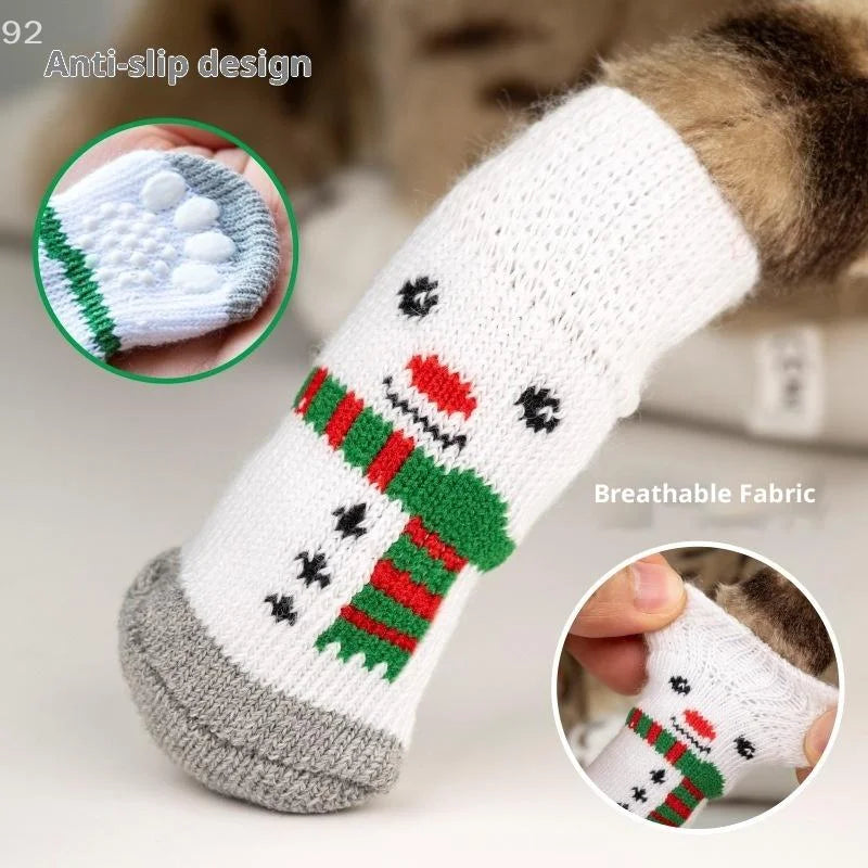 4Pcs/set Christmas Deer Snowman Pet Knitted Socks Winter Warm Indoor Wear Slip On Paw Protector Small Dogs Cat Socks Shoes