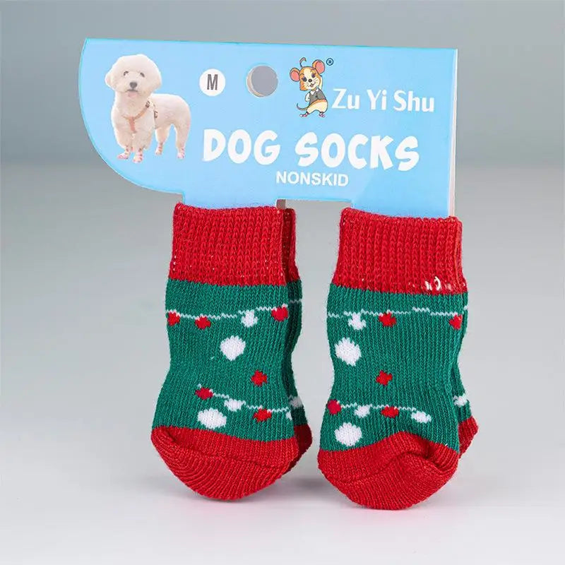 4Pcs/set Christmas Deer Snowman Pet Knitted Socks Winter Warm Indoor Wear Slip On Paw Protector Small Dogs Cat Socks Shoes