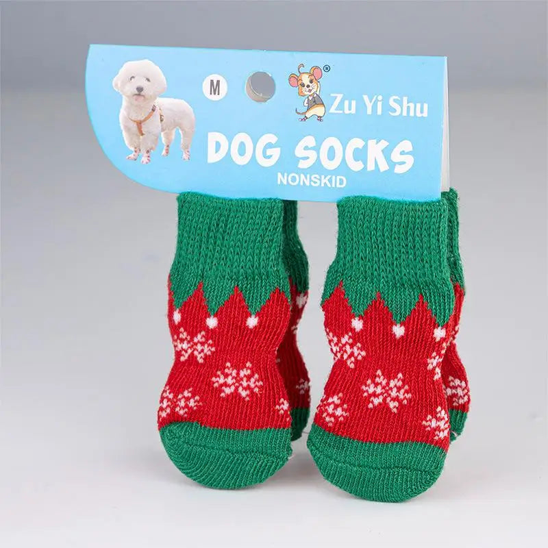 4Pcs/set Christmas Deer Snowman Pet Knitted Socks Winter Warm Indoor Wear Slip On Paw Protector Small Dogs Cat Socks Shoes